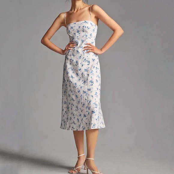 Reformation christen white blue Floral Print square neck tie straps Midi Dress - Picture 14 of 15